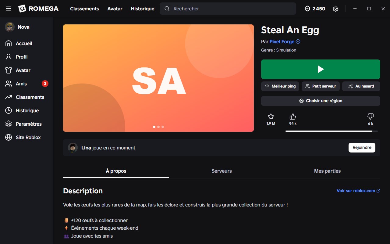 Page d’un jeu avec le bouton Jouer, les options de serveur et un ami en partie